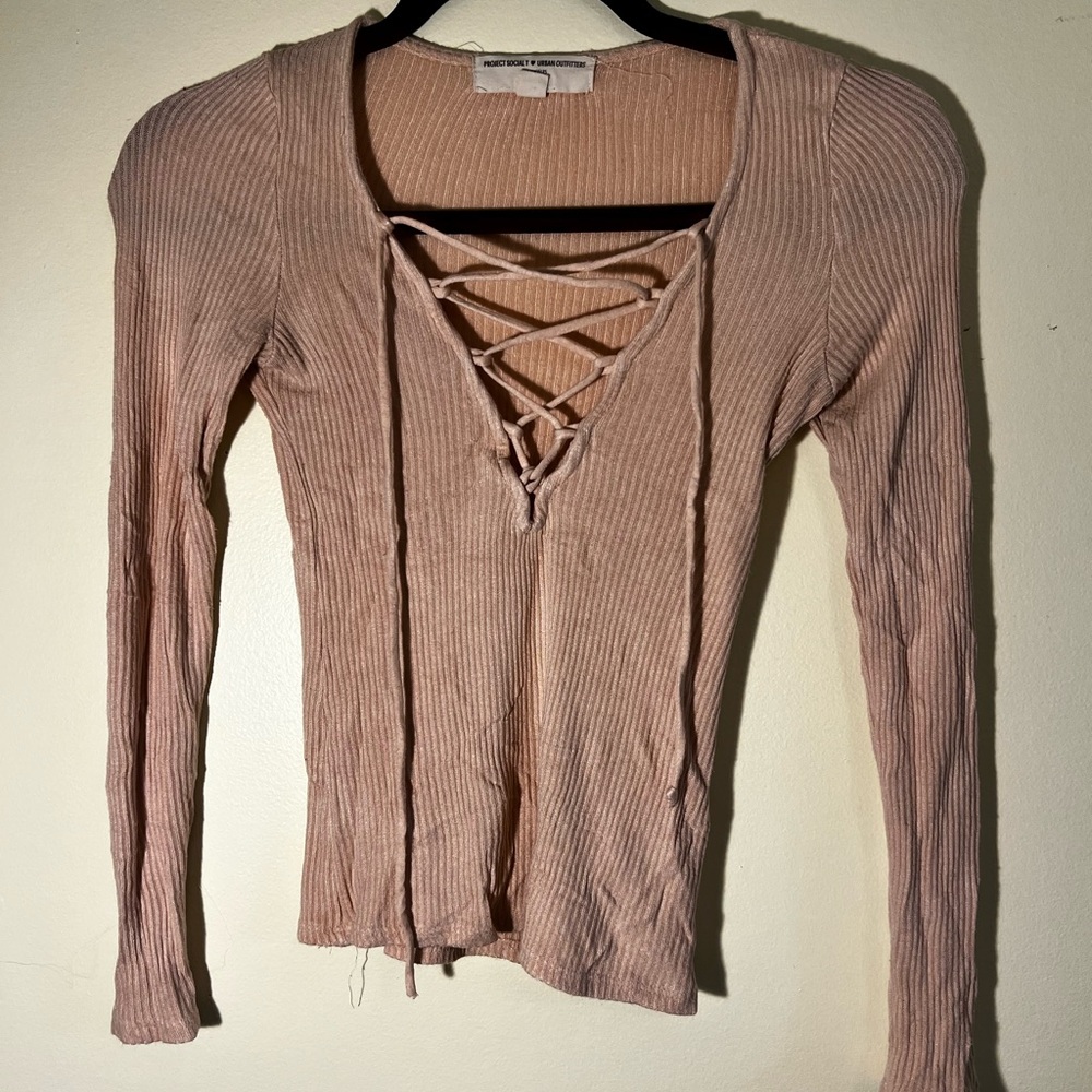 Urban Outfitters Lace-Up Ribbed Top in Light Pink